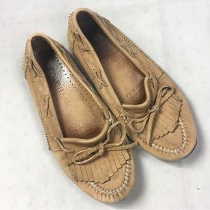 Cole Haan Mule Moccasin Driving Shoes Womens 6.5M Flat Leather Tan Fringe Stitch